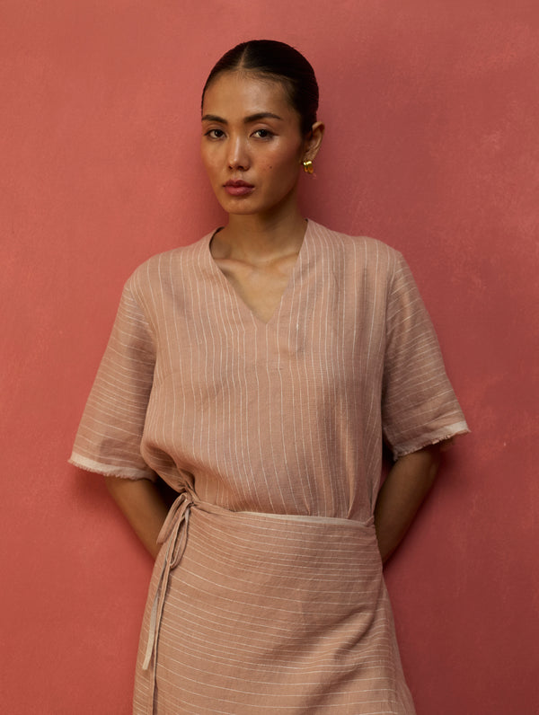Karo Stripe Linen Wrap Dress - Dusty Rose