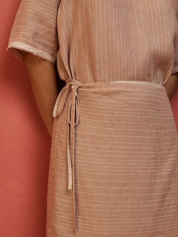 Karo Stripe Linen Wrap Dress - Dusty Rose