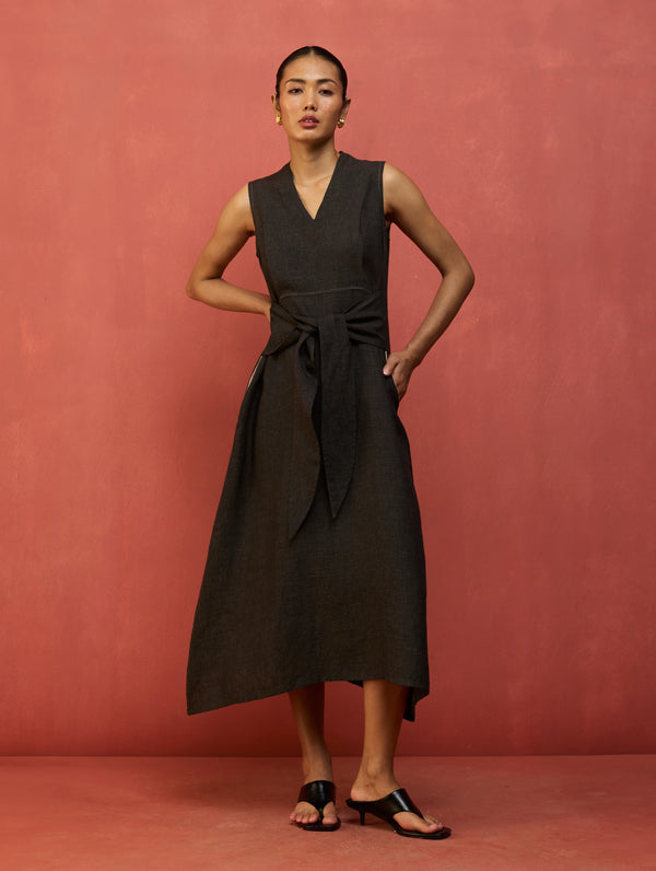Tako Sleeveless Linen Knot Dress - Charcoal