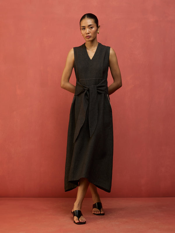 Tako Sleeveless Linen Knot Dress - Charcoal