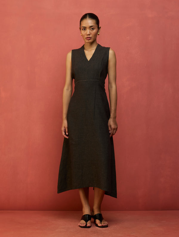 Tako Sleeveless Linen Knot Dress - Charcoal
