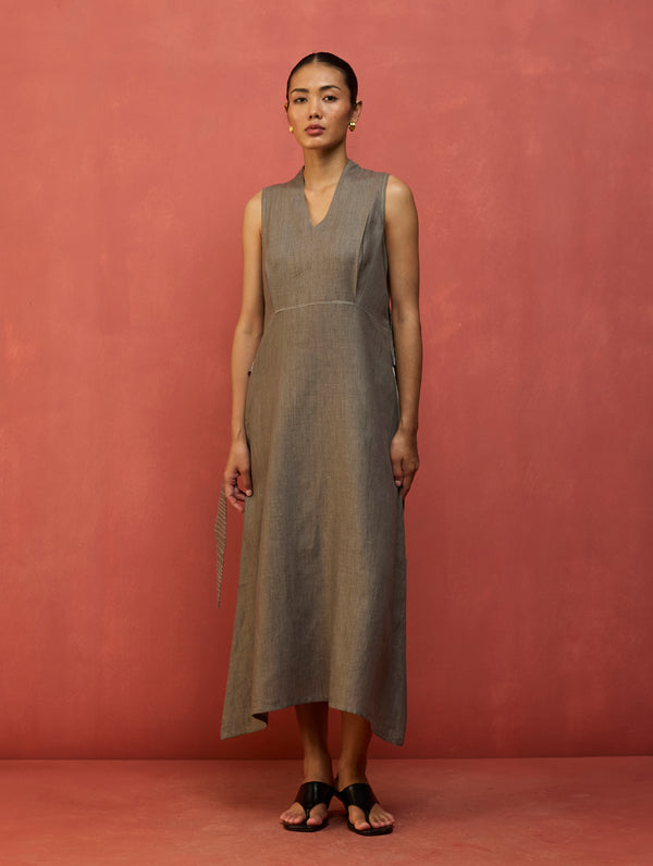 Tako Sleeveless Linen Knot Dress - Grey