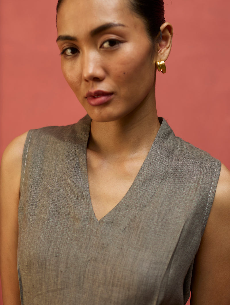 Tako Sleeveless Linen Knot Dress - Grey