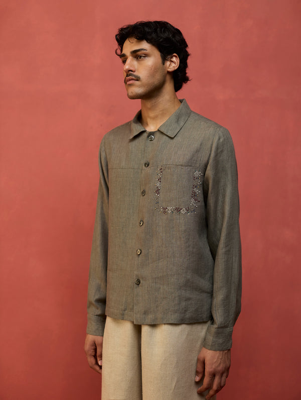 Hiro Pocket Embroidered Linen Shirt - Grey