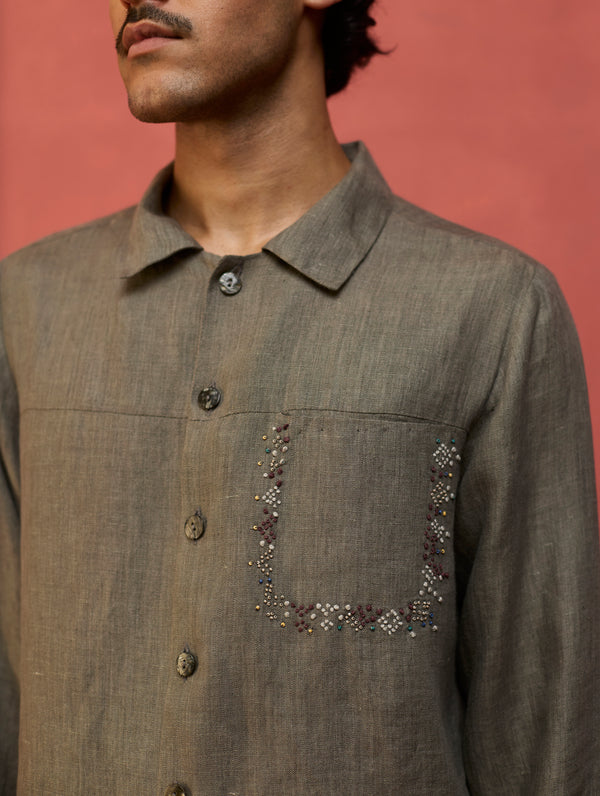 Hiro Pocket Embroidered Linen Shirt - Grey