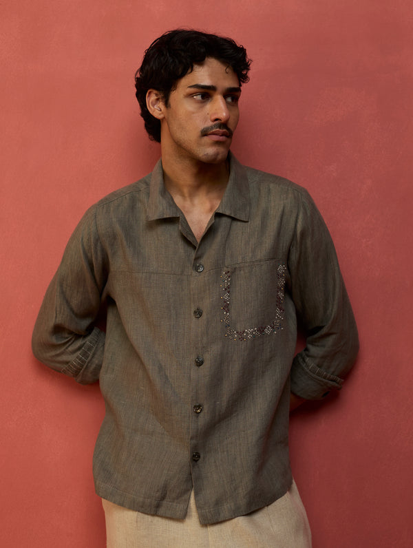Hiro Pocket Embroidered Linen Shirt - Grey