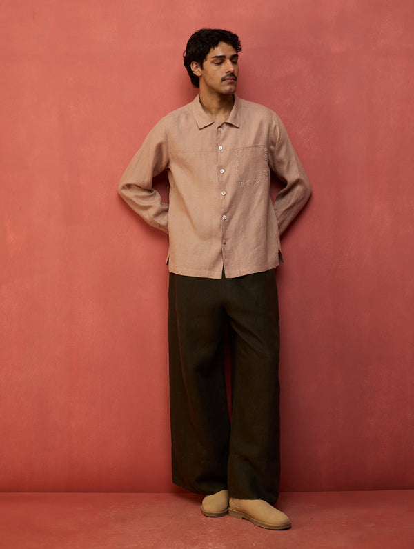 Hiro Pocket Embroidered Linen Shirt - Dusty Rose
