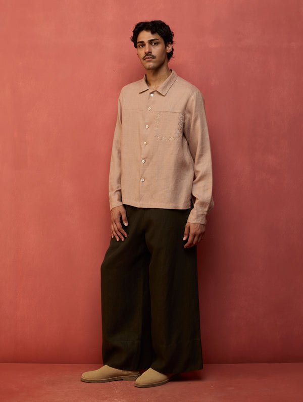 Hiro Pocket Embroidered Linen Shirt - Dusty Rose
