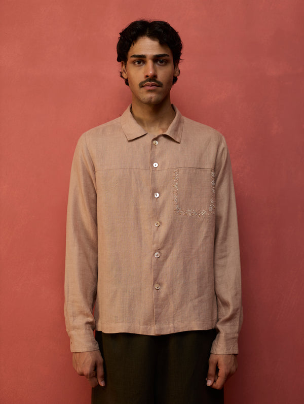 Hiro Pocket Embroidered Linen Shirt - Dusty Rose