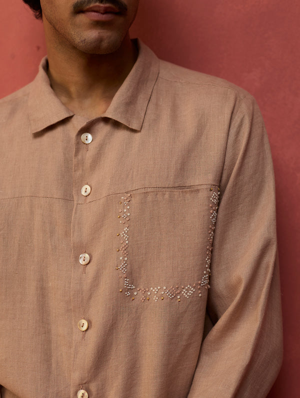 Hiro Pocket Embroidered Linen Shirt - Dusty Rose