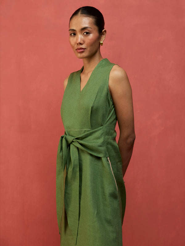 Tako Sleeveless Linen Knot Dress - Fern Green