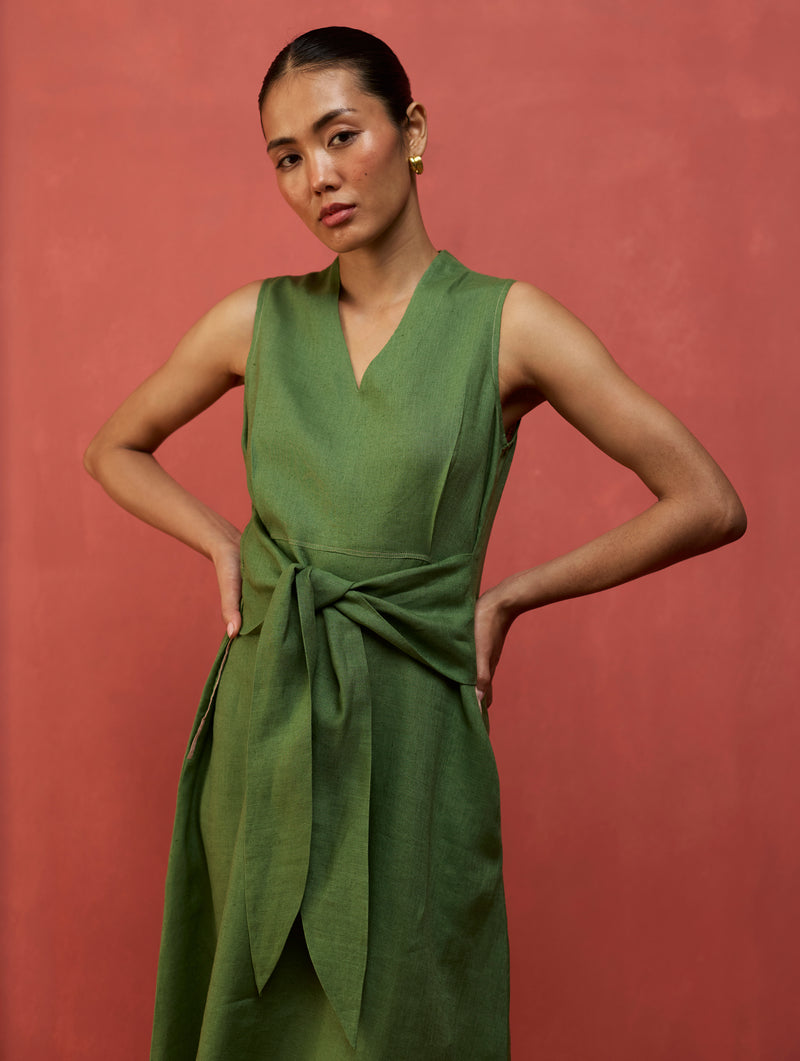 Tako Sleeveless Linen Knot Dress Fern Green