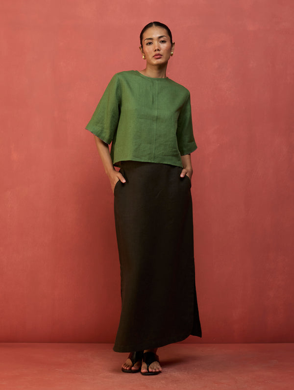 Mariko Cropped Linen Top - Fern Green