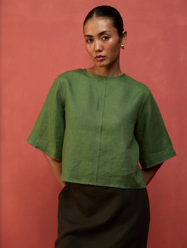 Mariko Cropped Linen Co-ord Set - Fern Green