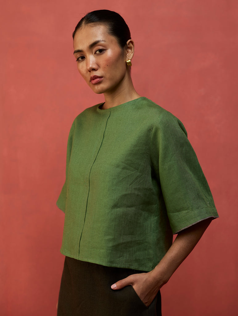 Mariko Cropped Linen Co-ord Set - Fern Green