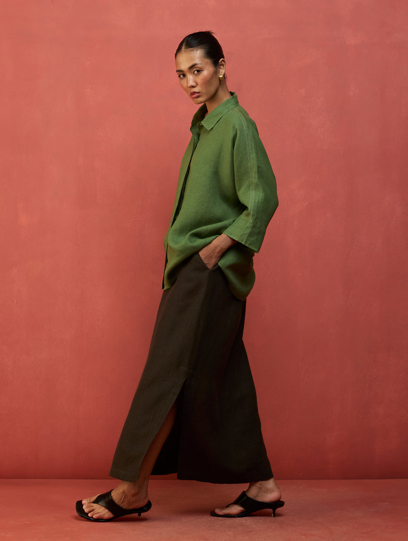 Hiro Linen Skirt - Olive Charcoal