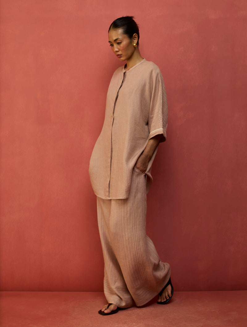 Sumire Curved Hem Linen Top - Dusty Rose