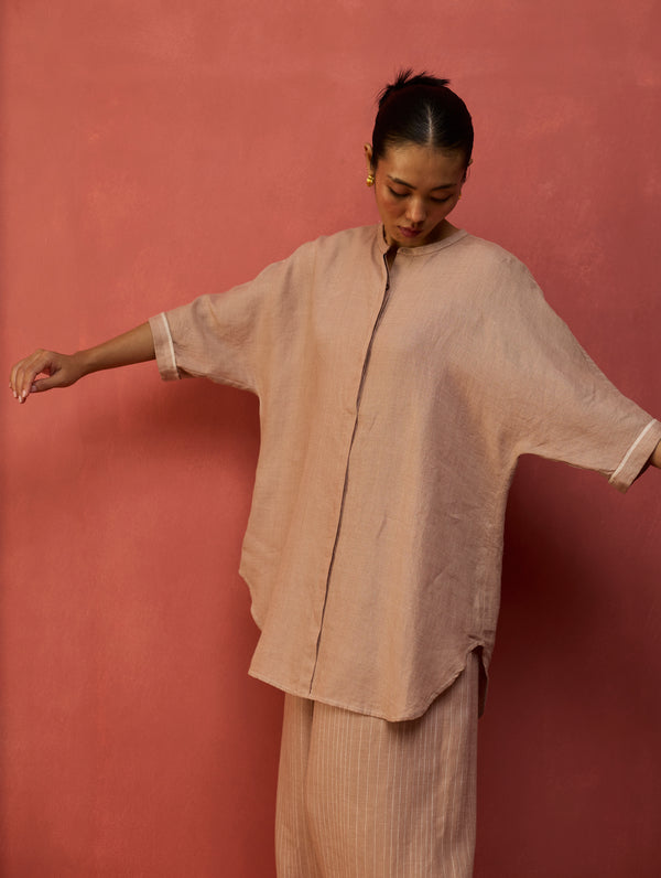 Sumire Curved Hem Linen Top - Dusty Rose