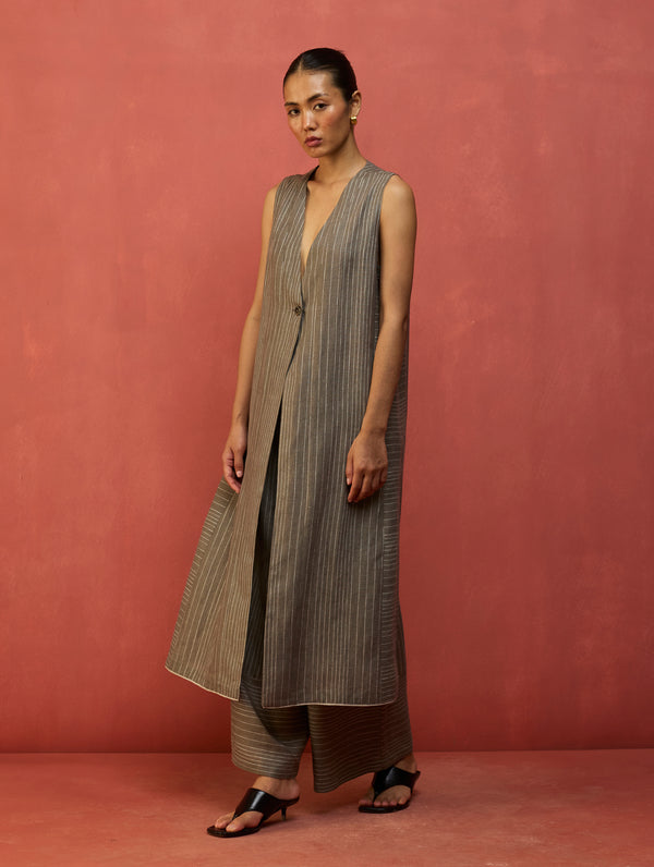 Misato Stripe Linen Overlay - Grey