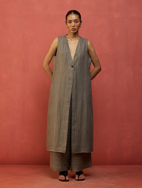 Misato Stripe Linen Overlay - Grey