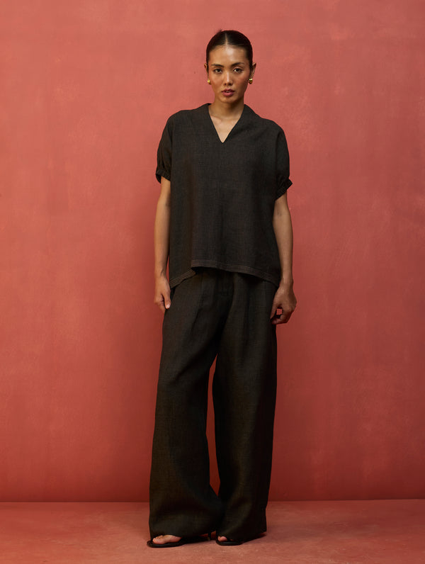 Hoshi Linen Top - Charcoal