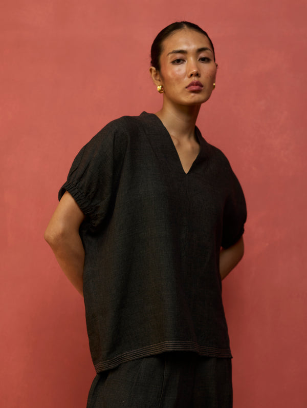 Hoshi Linen Top - Charcoal