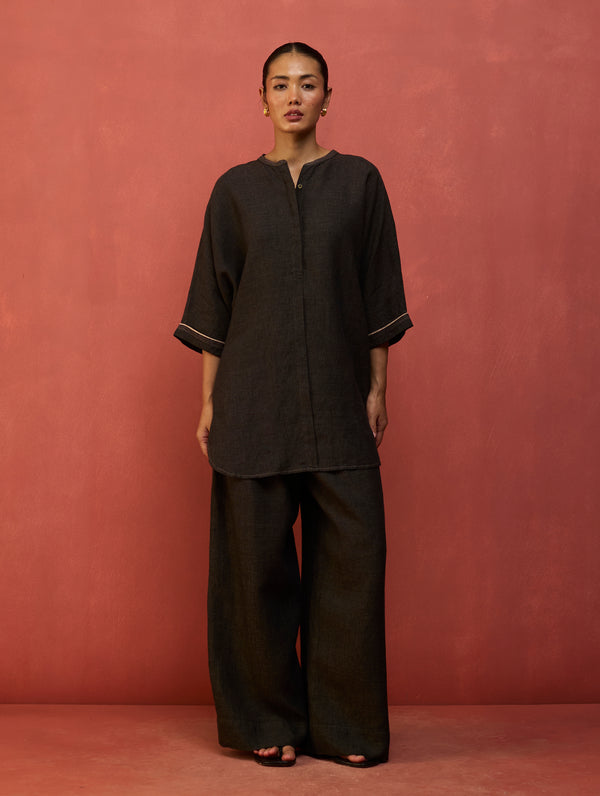 Sumire Curved Hem Linen Top - Charcoal