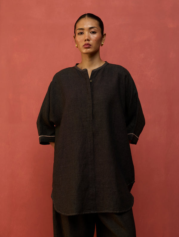 Sumire Curved Hem Linen Top - Charcoal