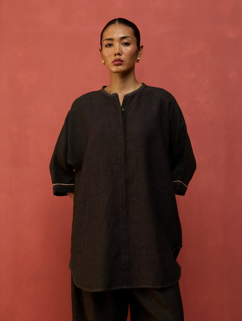 Sumire Curved Hem Linen Co-ord Set - Charcoal