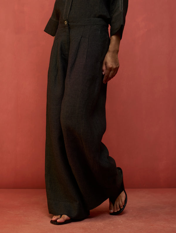 Mekko Pleated Linen Trousers - Charcoal