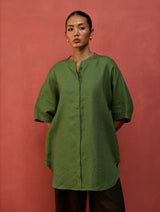 Sumire Curved Hem Linen Top - Fern Green