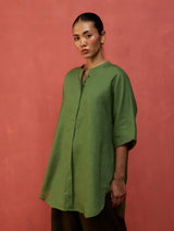 Sumire Curved Hem Linen Top - Fern Green