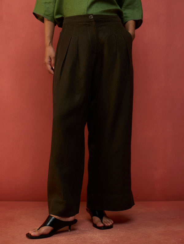 Mekko Pleated Linen Trousers - Olive Charcoal