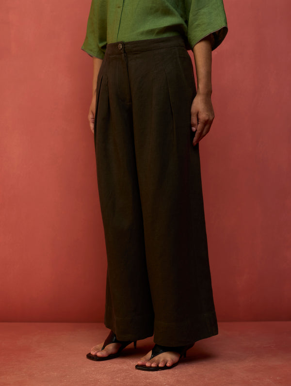 Mekko Pleated Linen Trousers - Olive Charcoal