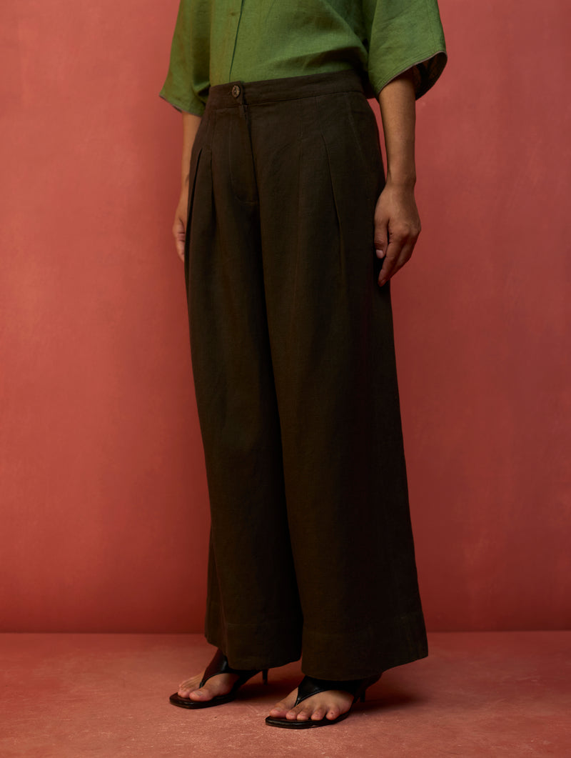Mekko Pleated Linen Trousers - Olive Charcoal
