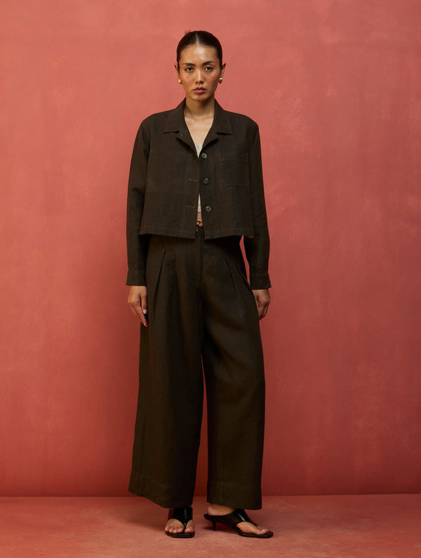 Mekko Pleated Linen Trousers - Olive Charcoal