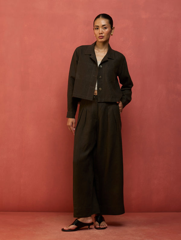 Nako Crop Linen Jacket - Olive Charcoal