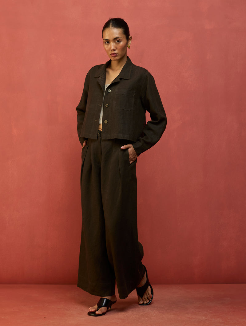 Nako Crop Linen Co-ord Set - Olive Charcoal