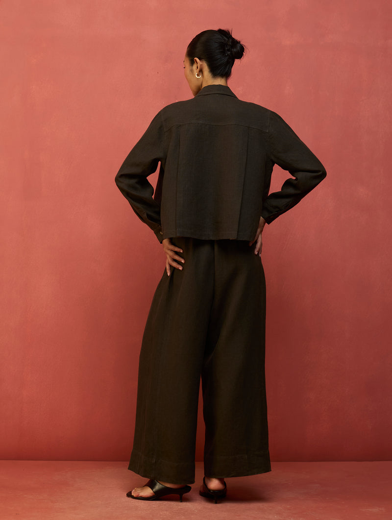 Nako Crop Linen Co-ord Set - Olive Charcoal