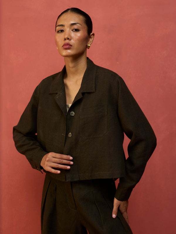 Nako Crop Linen Jacket - Olive Charcoal