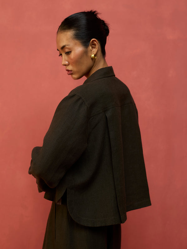 Nako Crop Linen Jacket - Olive Charcoal