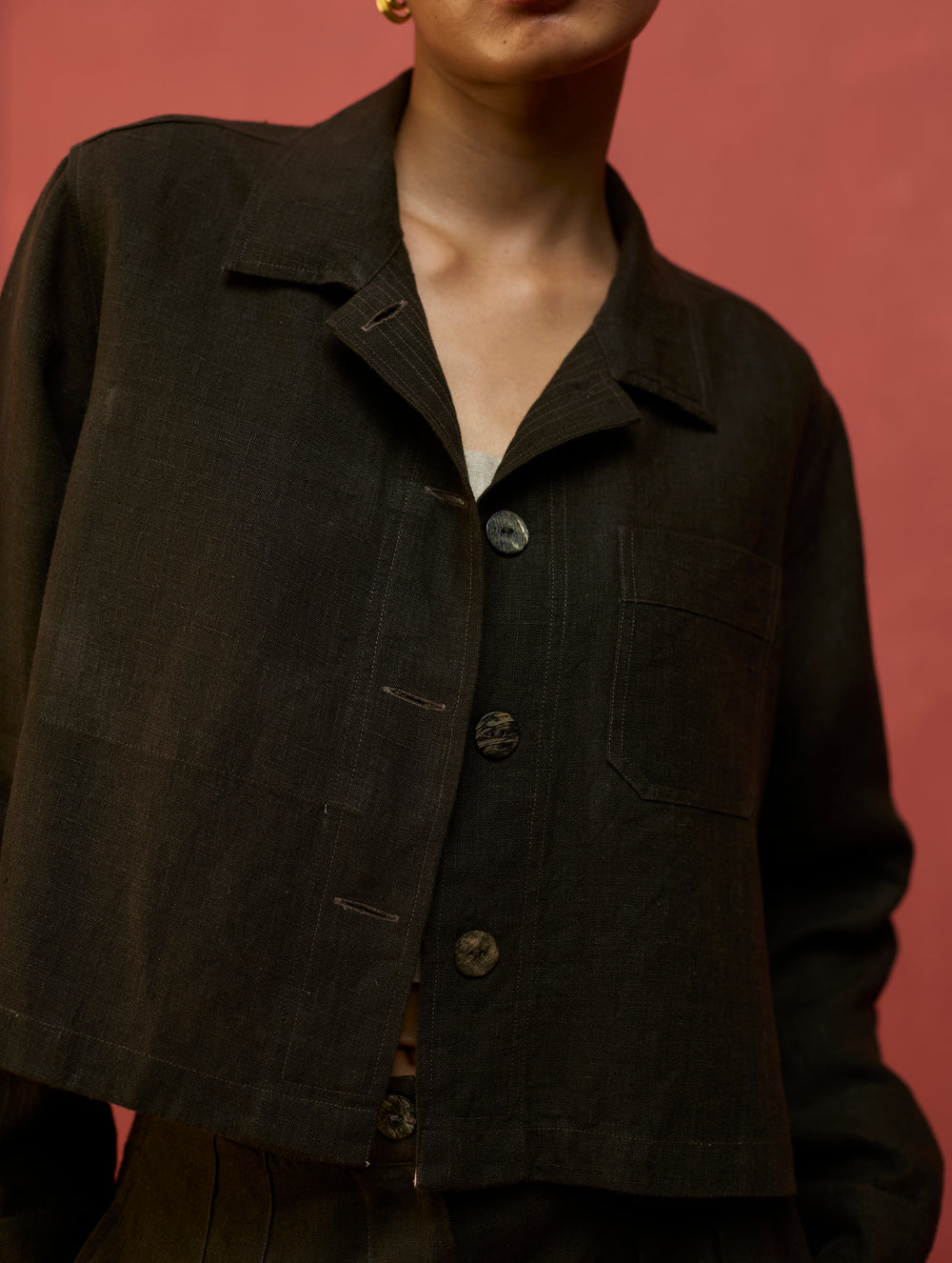 Nako Crop Linen Co-ord Set - Olive Charcoal