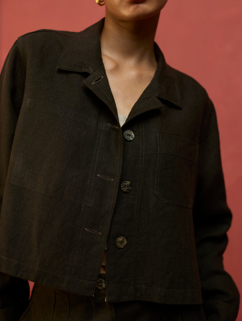 Nako Crop Linen Co-ord Set - Olive Charcoal