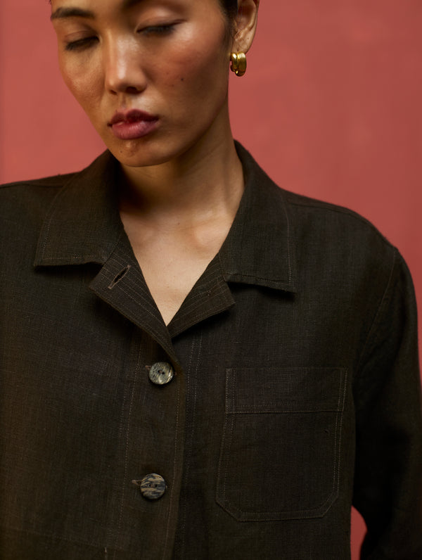 Nako Crop Linen Jacket - Olive Charcoal