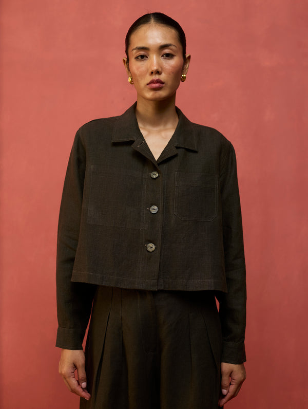 Nako Crop Linen Jacket - Olive Charcoal