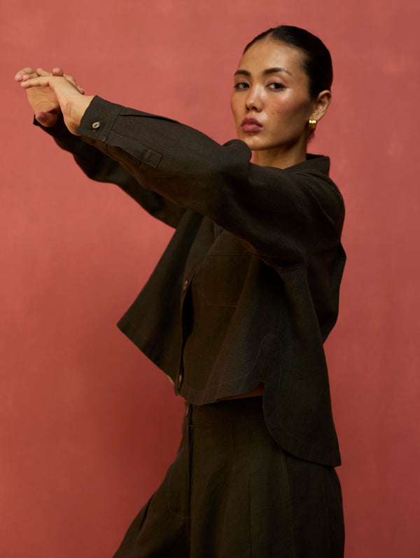Nako Crop Linen Jacket - Olive Charcoal