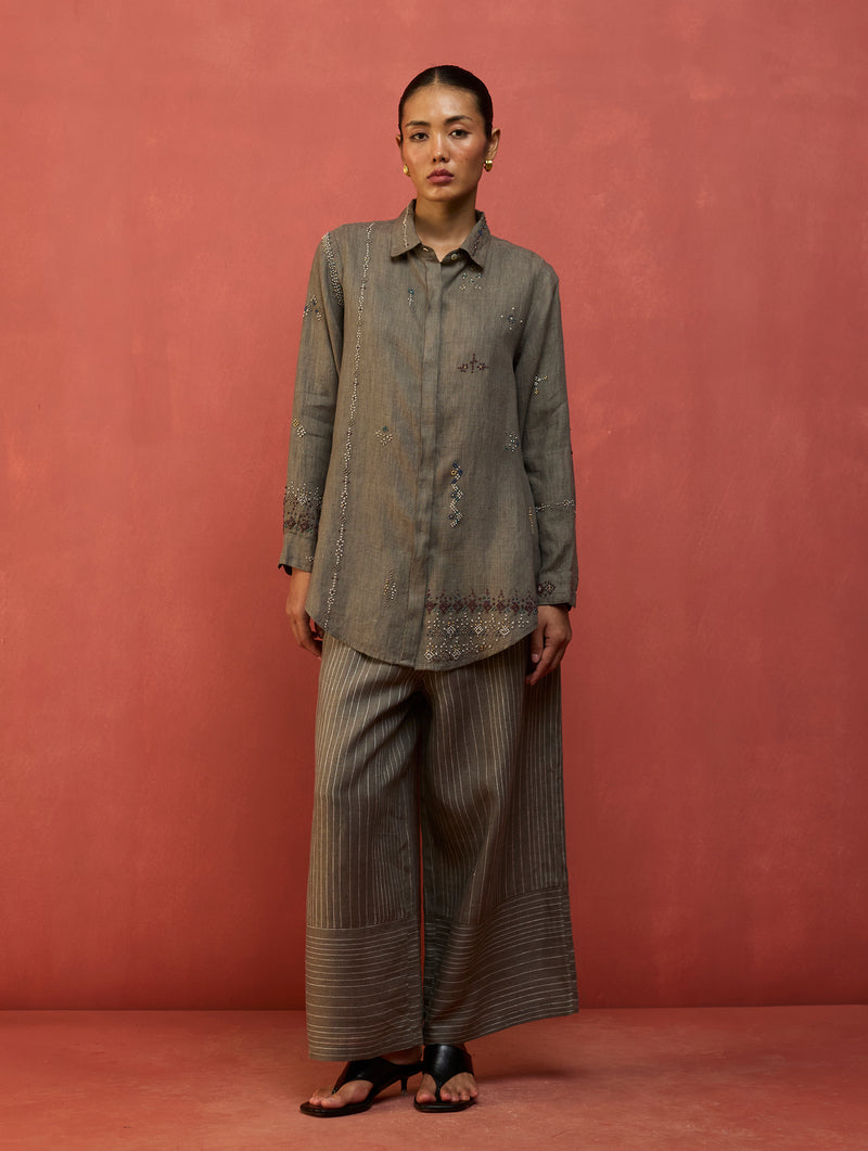 Kira Hand-Embroidered Linen Co-ord Set - Grey