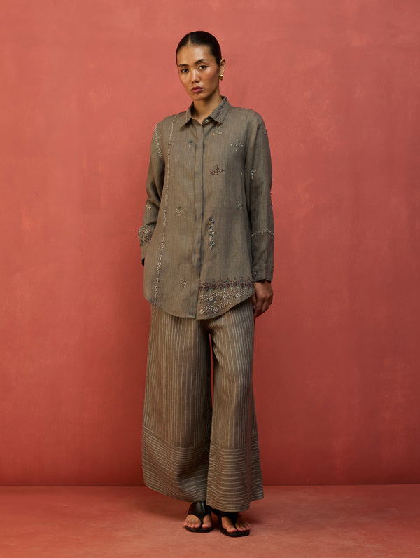 Kira Hand-Embroidered Linen Co-ord Set - Grey