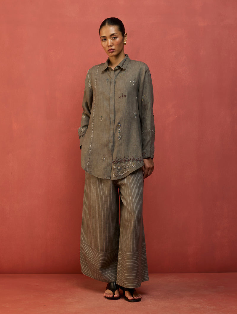 Kira Hand-Embroidered Linen Co-ord Set - Grey
