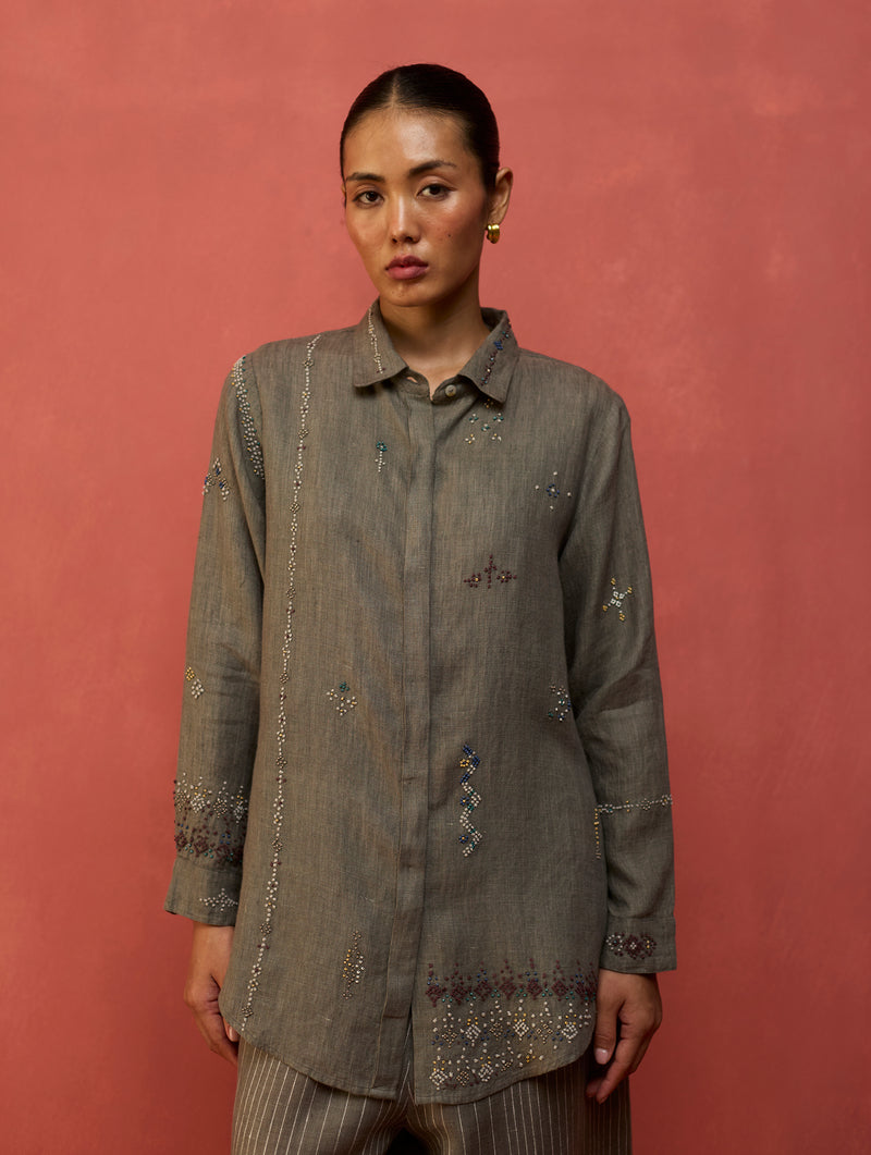 Kira Hand-Embroidered Linen Co-ord Set - Grey